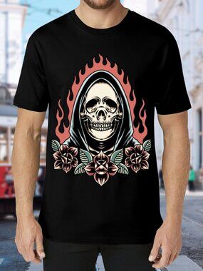 Skull Hood Graphic Tee in Black with Red Accents
